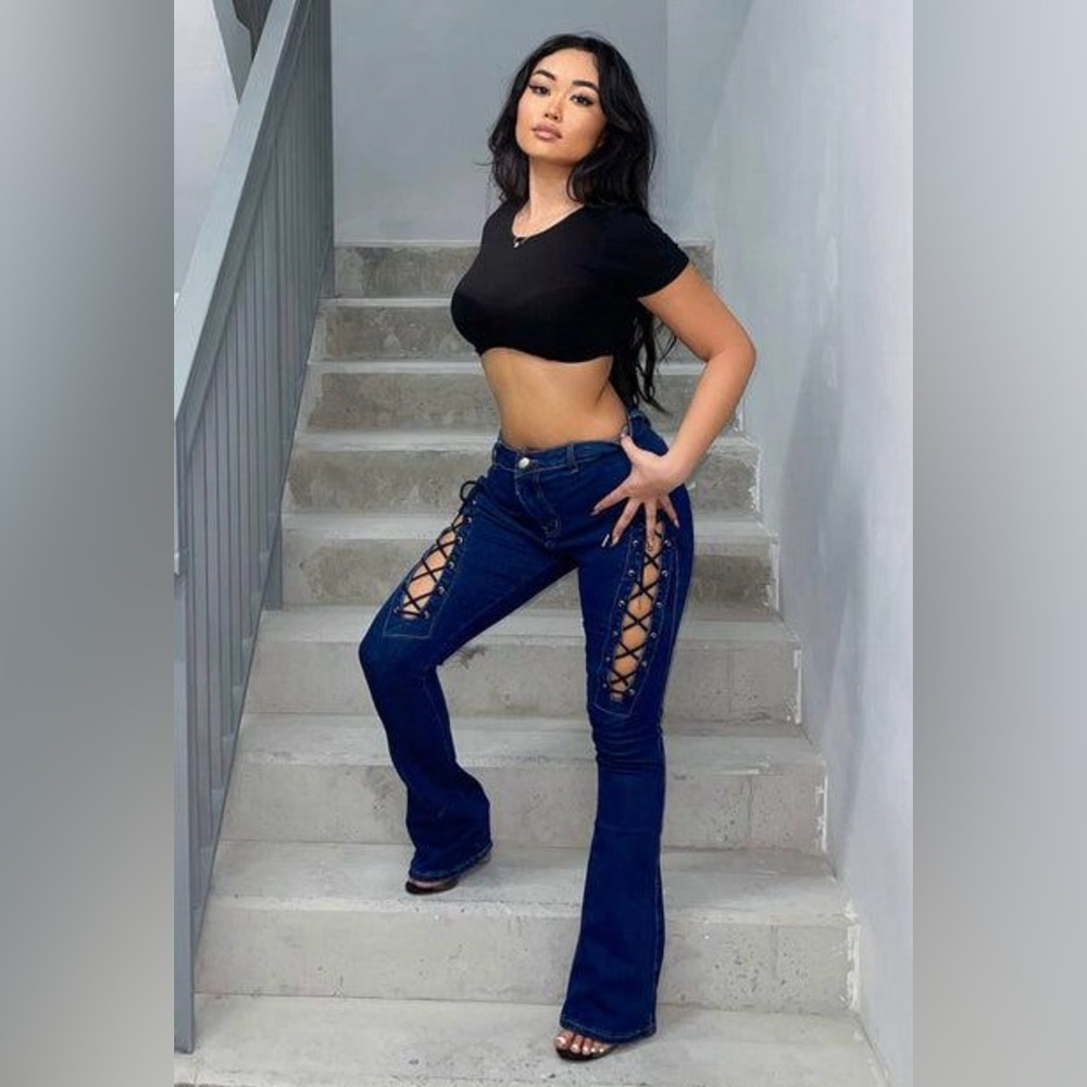NWT - Fashion Nova Lace-Up Flare Jeans | Dark Wash High-Rise Denim - Picture 5 of 8